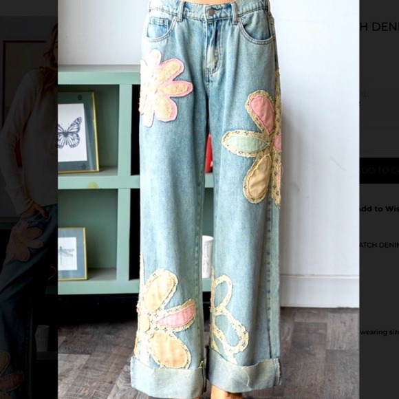 Blue and Pink Flare Jeans with Artistic Butterfly Design - Picture 4 of 15